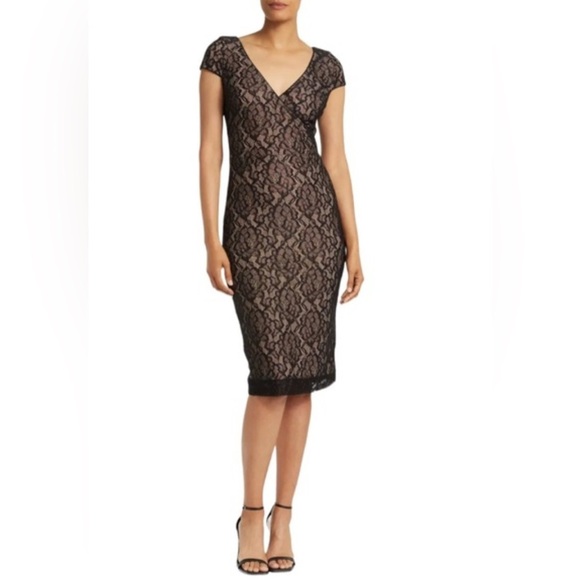 NEW Dress The Population Jaleah Cap Sleeve Faux Wrap Lace Dress in Black Nude S - Picture 1 of 12
